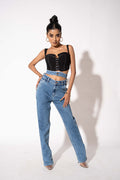 Blue Double Belt Straight High Waist Jeans — image 1