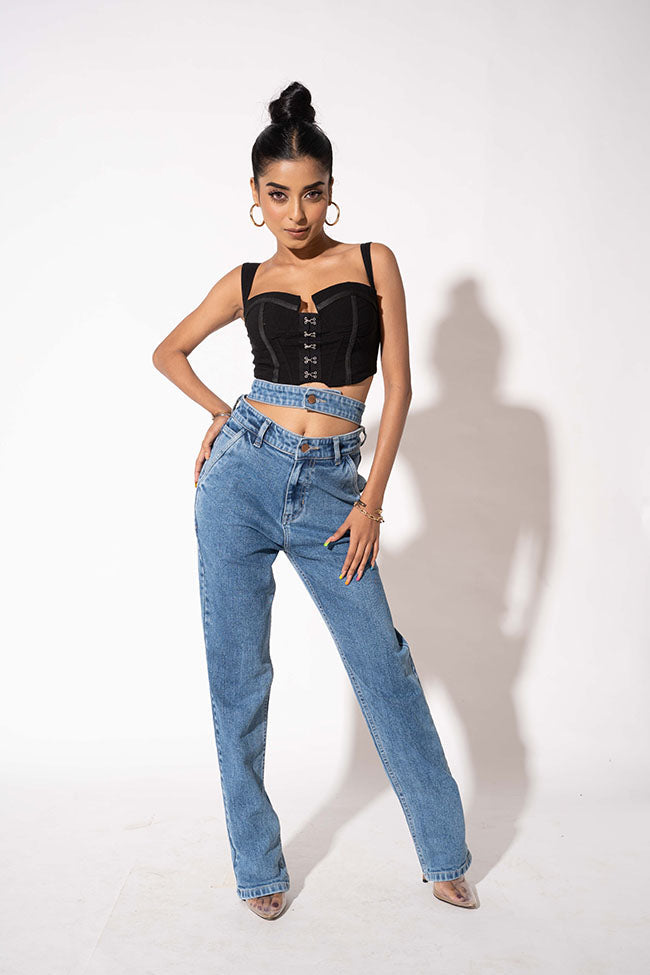 Blue Double Belt Straight High Waist Jeans — image 1
