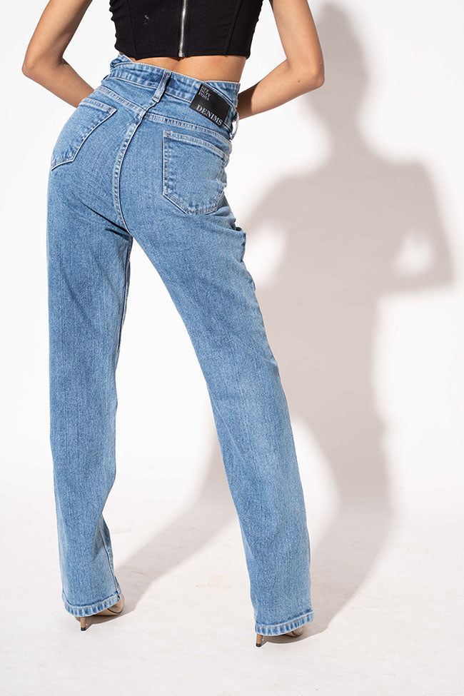 Blue Double Belt Straight High Waist Jeans — image 2