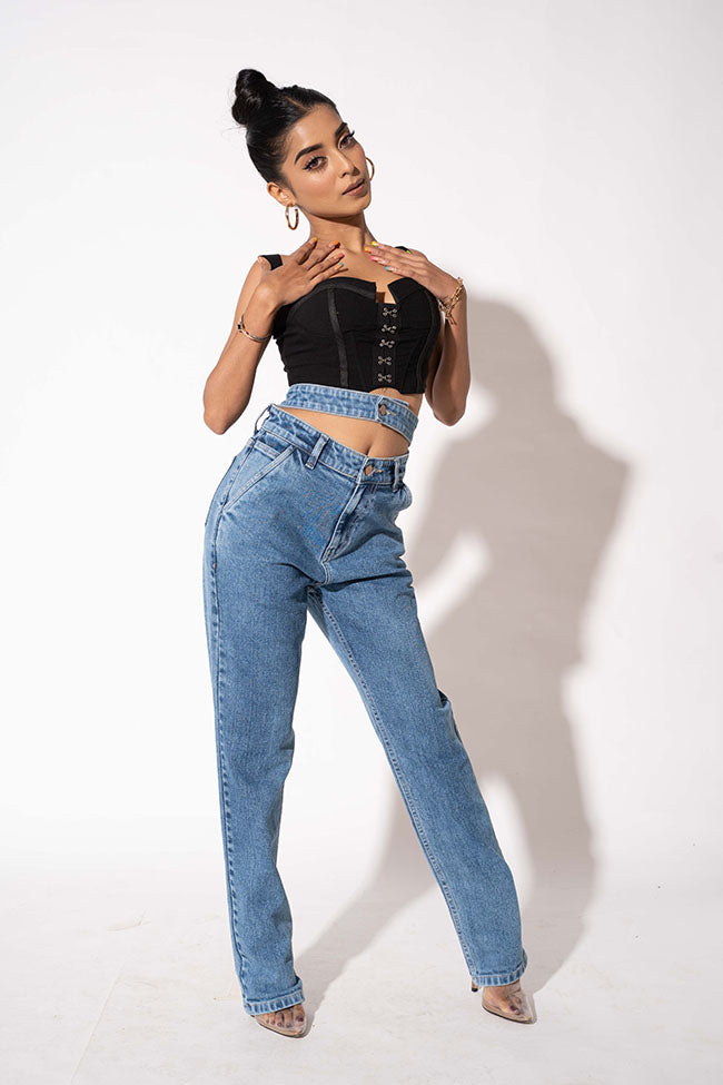 Blue Double Belt Straight High Waist Jeans — image 3