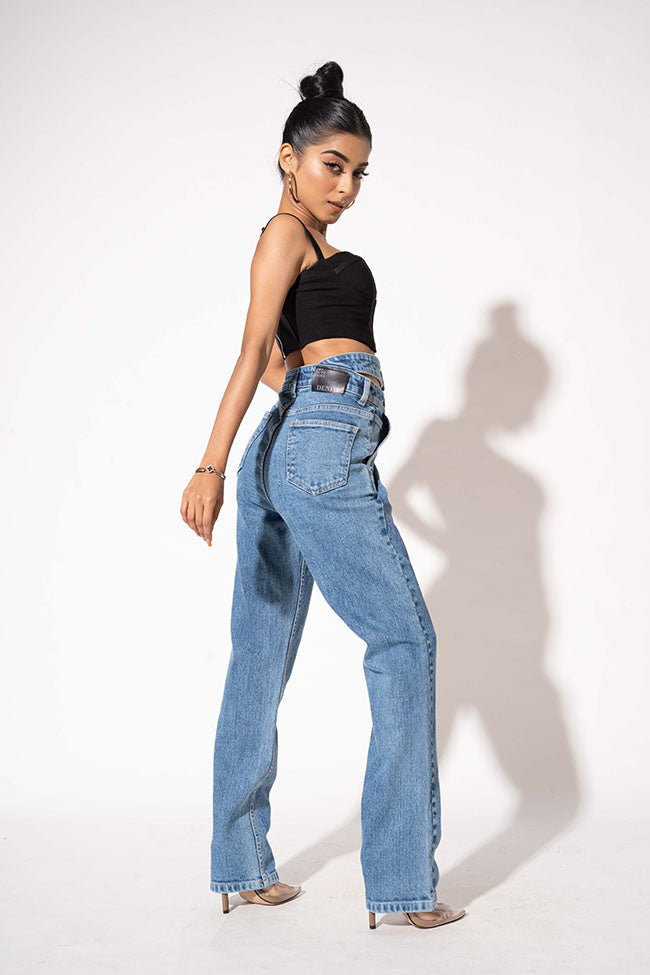 Blue Double Belt Straight High Waist Jeans — image 4