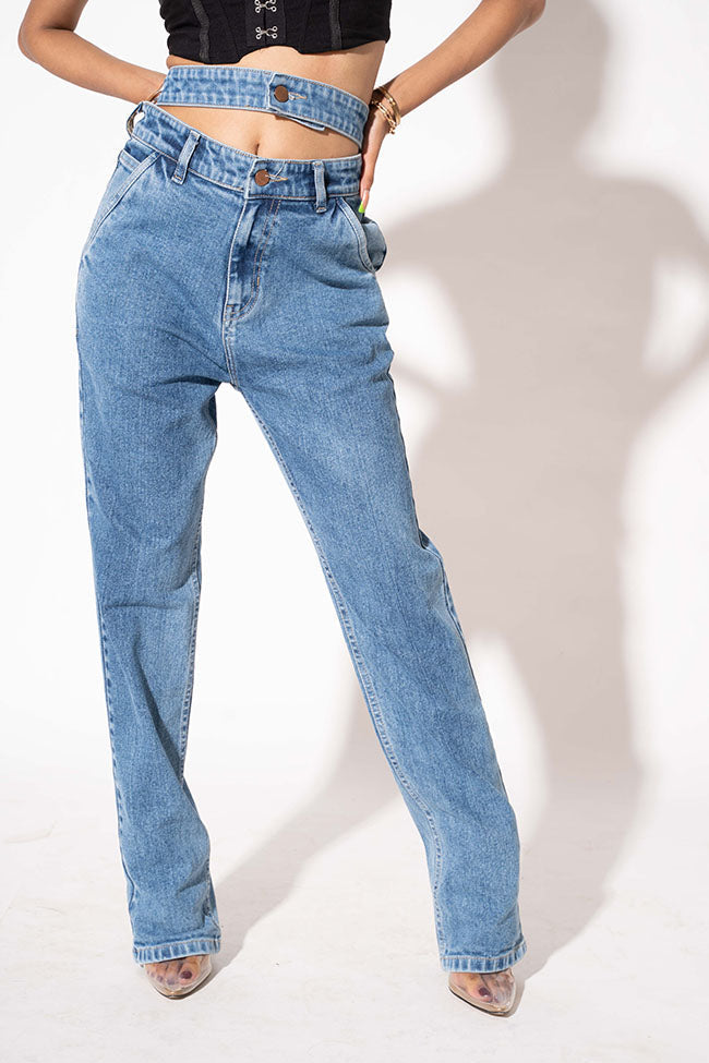 Blue Double Belt Straight High Waist Jeans — image 5