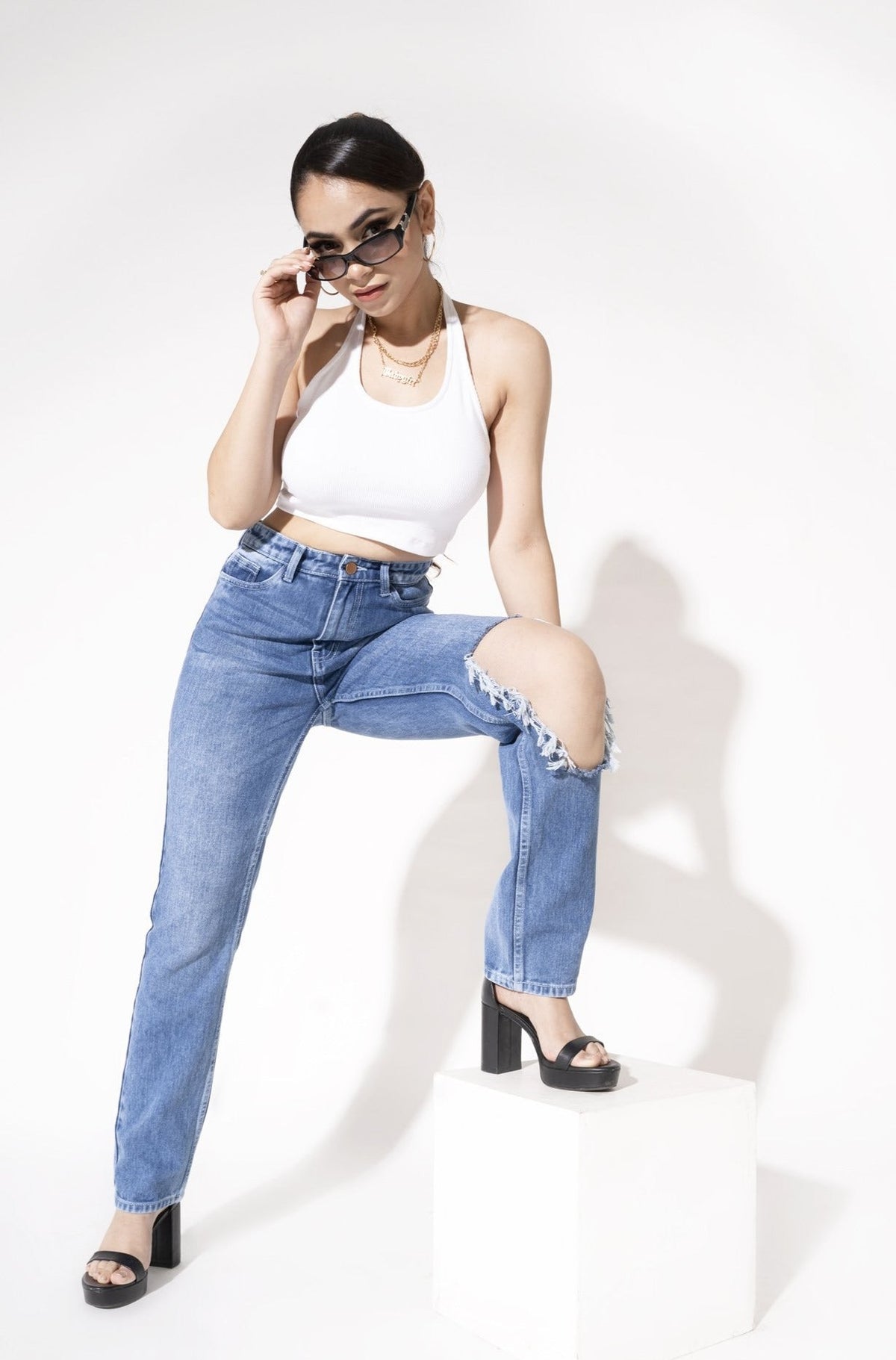 Cool Blue Open Knee Straight Leg Jeans — image 5