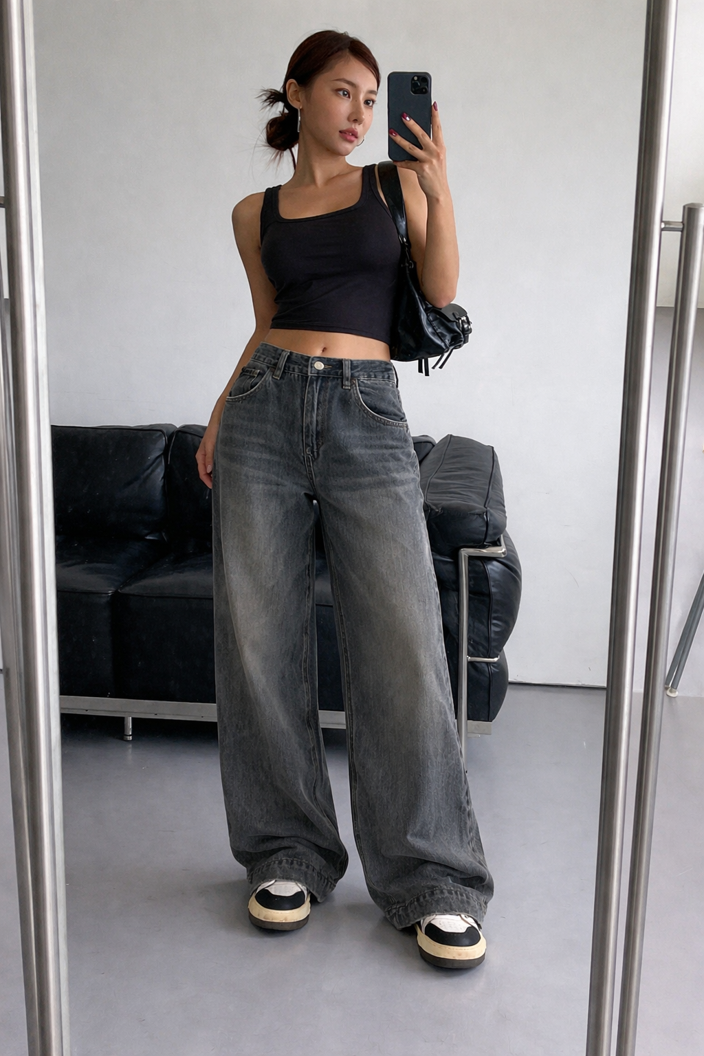 Grey Vintage Washed Wide Leg Baggy Jeans — image 1
