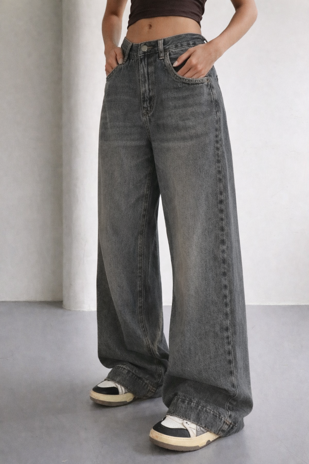 Grey Vintage Washed Wide Leg Baggy Jeans — image 2