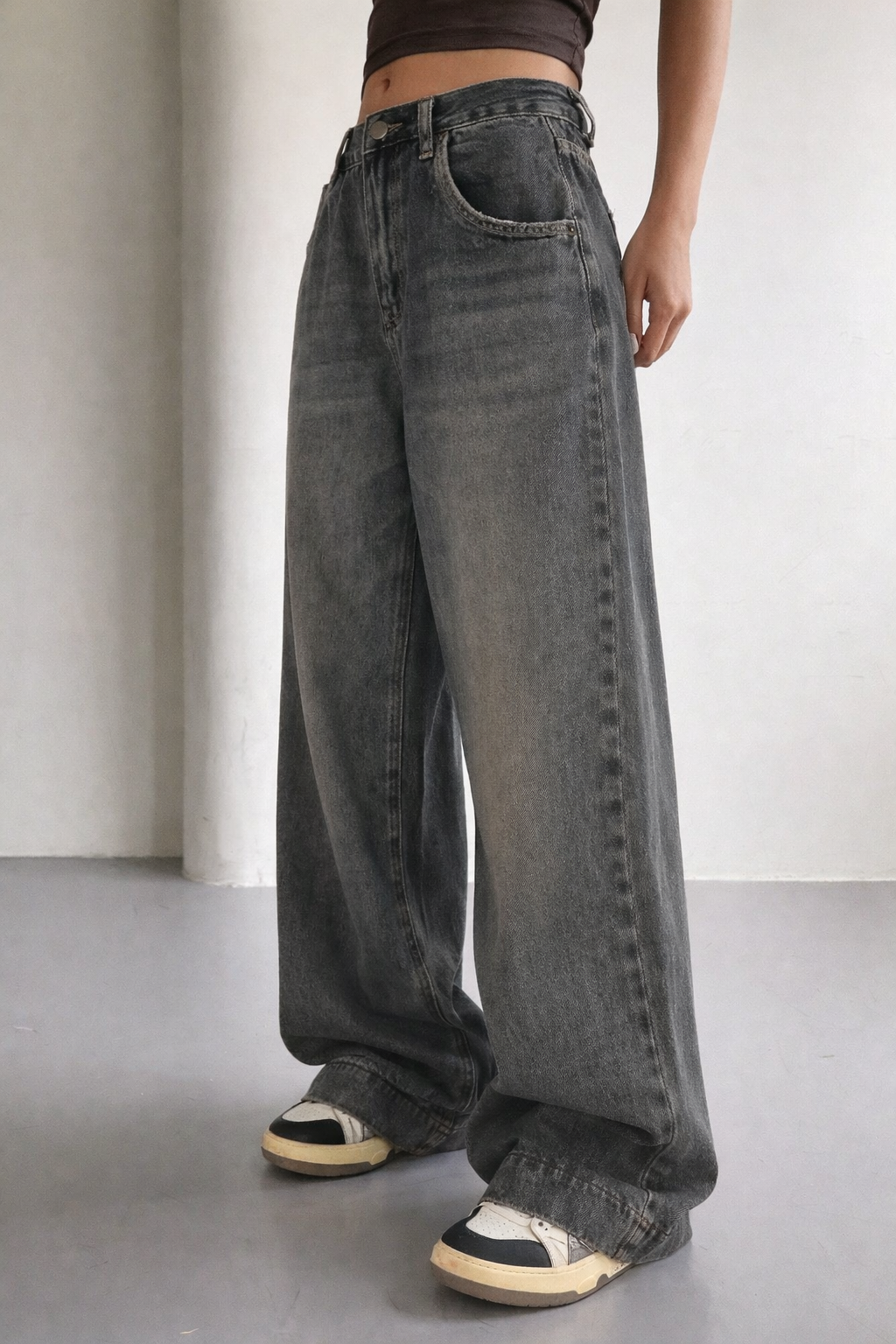 Grey Vintage Washed Wide Leg Baggy Jeans — image 4