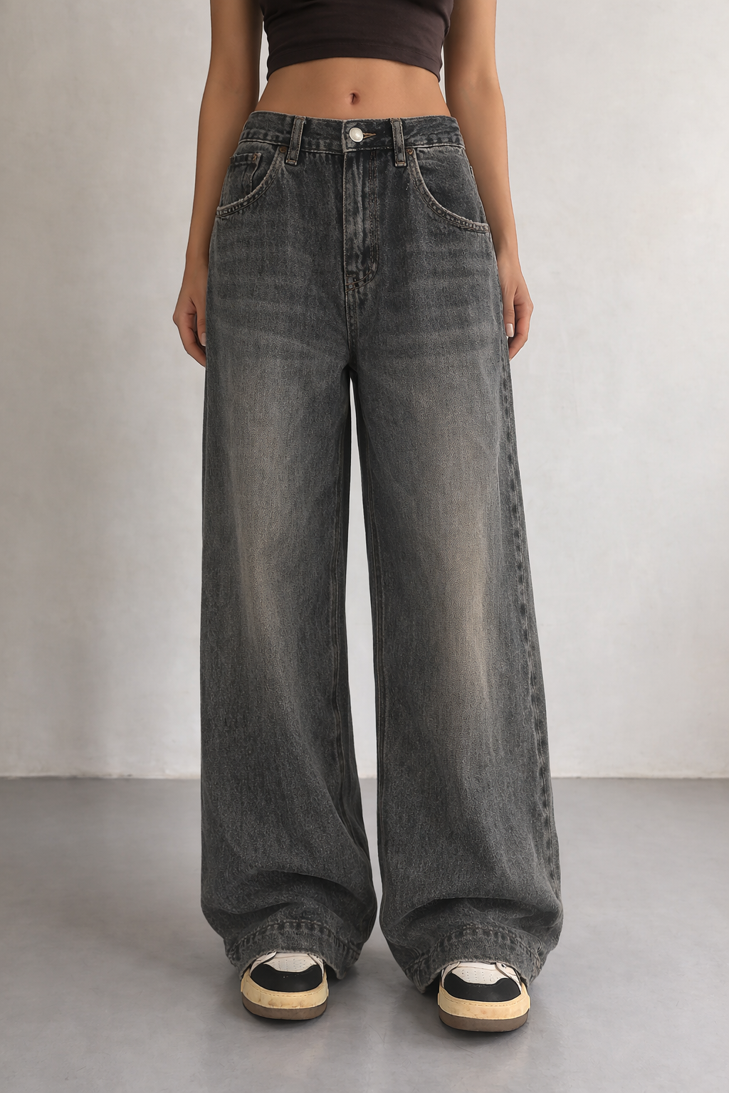 Grey Vintage Washed Wide Leg Baggy Jeans — image 5